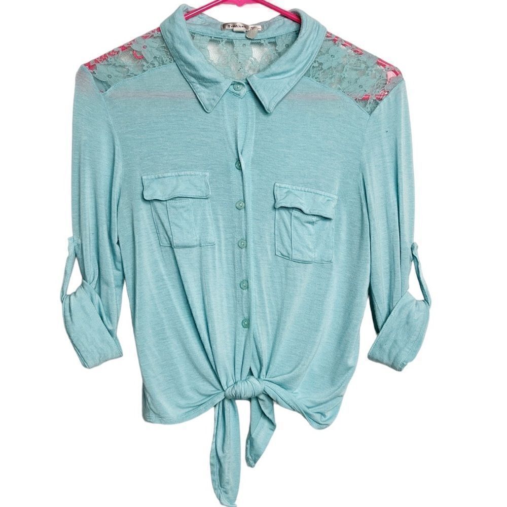 Teenbell front tie button down 3/4 sleeve top Tiffany blue Size Small